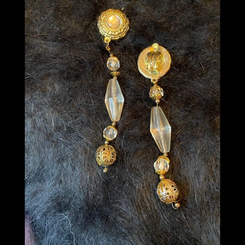 Long and dangling fancy pants clip on earrings